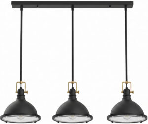 60″ Matte Black 3-Light Industrial Dome Linear Pendant with Brass Accents