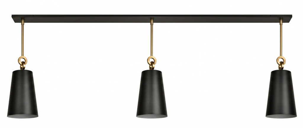 Elegant 86-inch matte black and brass three-light cone linear pendant fixture for modern interiors.